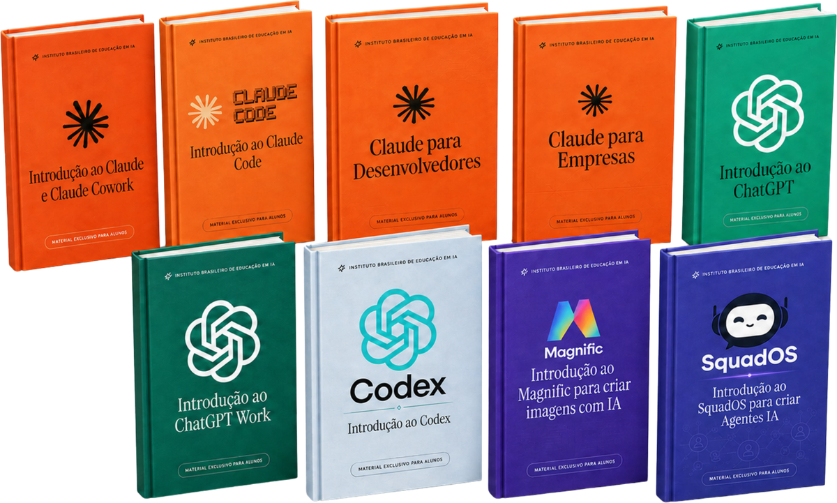 Os 9 livros exclusivos do Instituto Brasileiro de Educação em Inteligência Artificial, dispostos em duas fileiras: quatro volumes laranja de Claude, dois verdes de ChatGPT, um de Codex, um de Magnific e um de SquadOS.