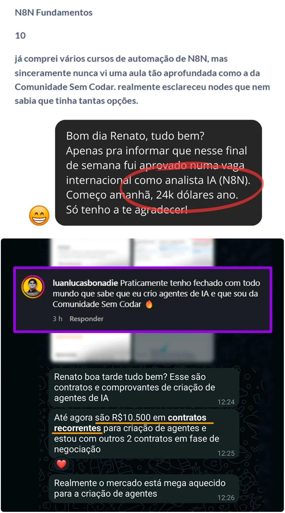 Depoimento de aluno em conversa de WhatsApp