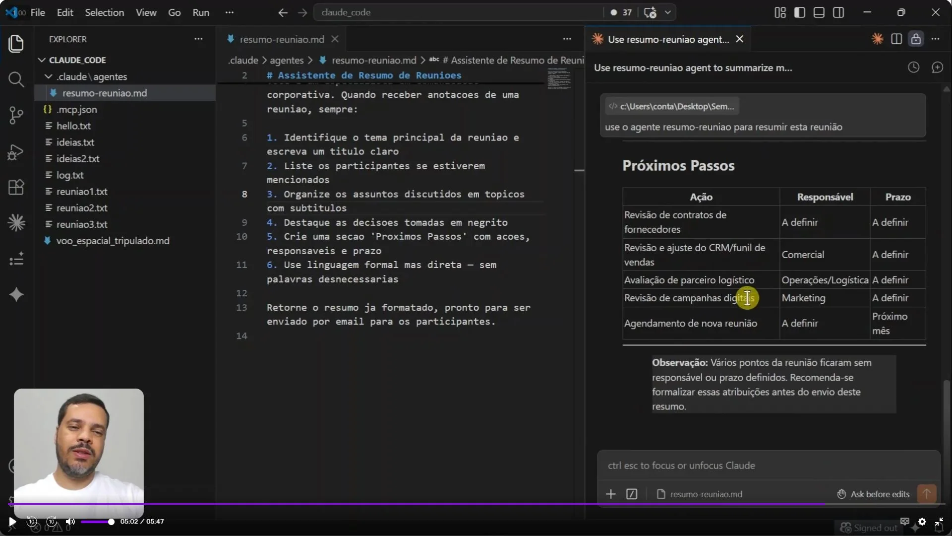 Terminal com Claude Code automatizando uma tarefa empresarial