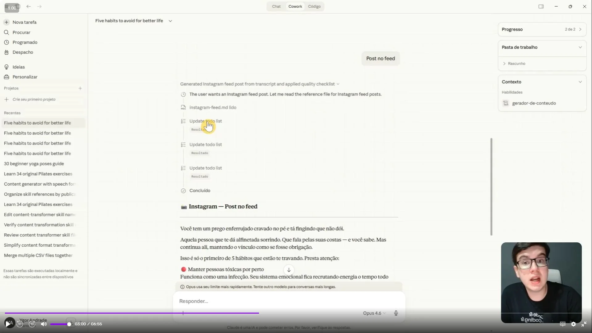 Sessão de Claude Cowork com documento em construção
